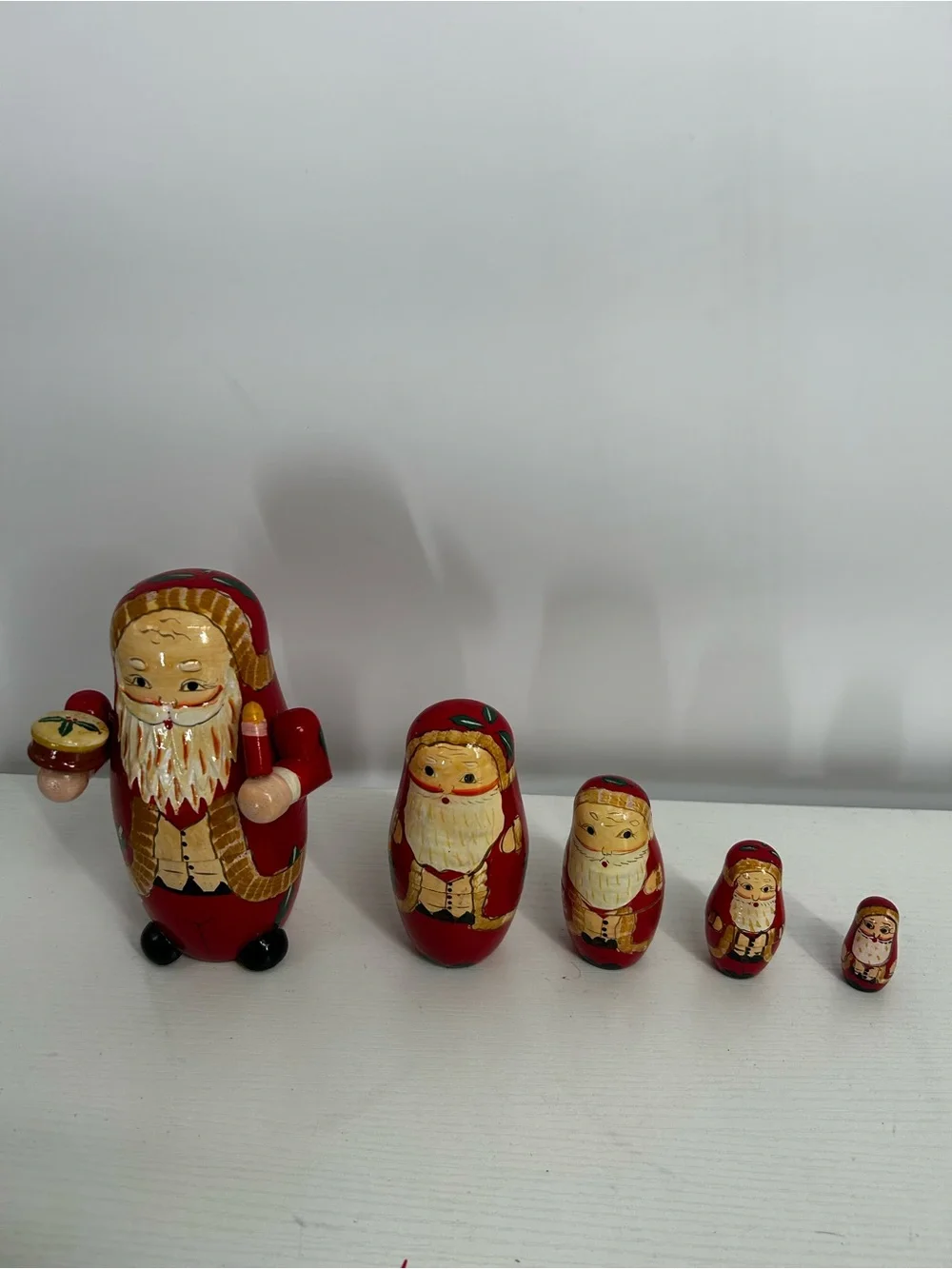 Vintage 5 Piece Russian Nesting Matryoshka Doll Santa Claus Hand Carved Painted